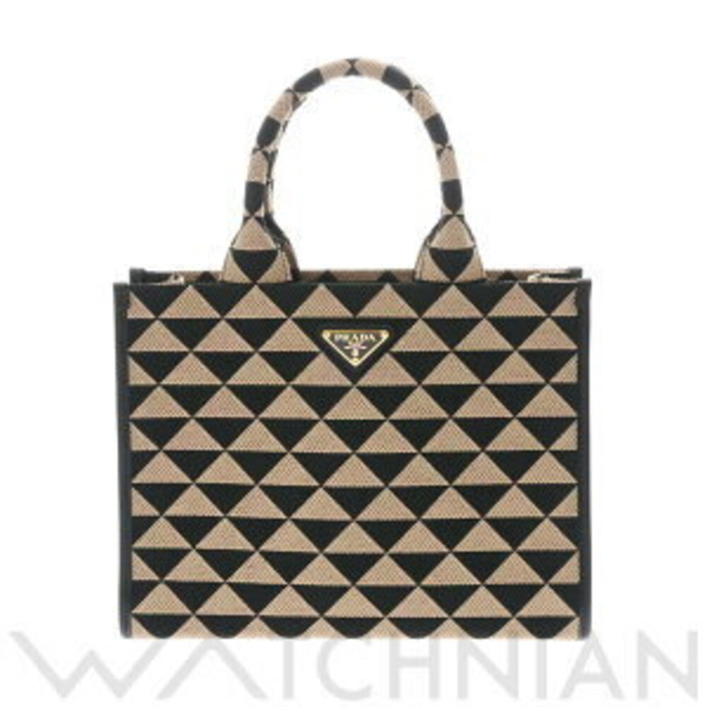 Prada Handbag Black Beige Saffiano Leather Embroidered